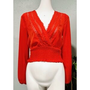 Lush Red Lace-Trimmed VNeck Crossover Smocked Crop Blouse Like New Condition Sm